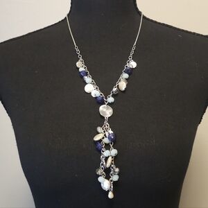 Chico's Serena Y-Drop Necklace Silver Tone Blue & White Beads